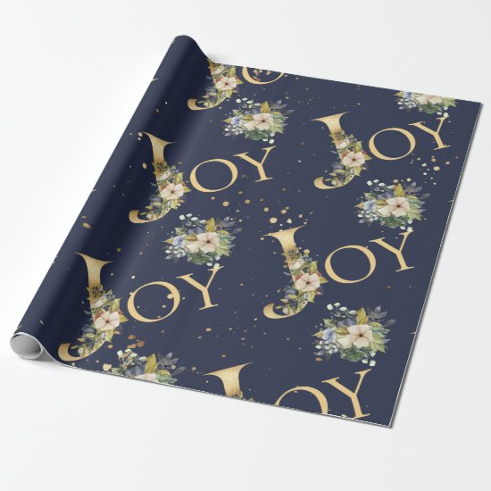 Elegant Christmas Joy Floral Gold Glitter Wrapping Paper