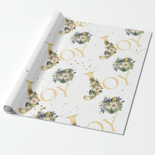 Elegant Christmas Joy Floral Gold Glitter Wrapping Paper