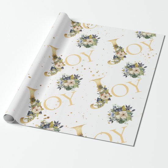 Elegant Christmas Joy Floral Gold Glitter Wrapping Paper