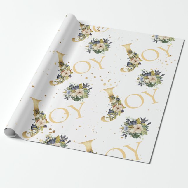 Elegant Christmas Joy Floral Gold Glitter Wrapping Paper (Unrolled)