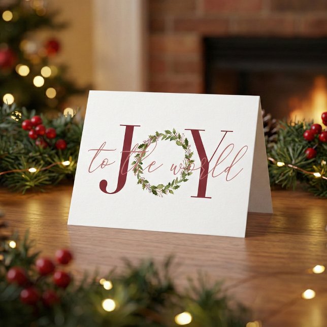 Elegant Christmas Joy to the World Wreath Holiday Card (Creator Uploaded)