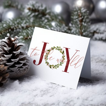 Elegant Christmas Joy To The World Wreath Holiday Card by CedarAndString at Zazzle
