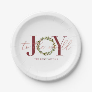 Elegant Christmas Joy to the World Wreath Paper Plates