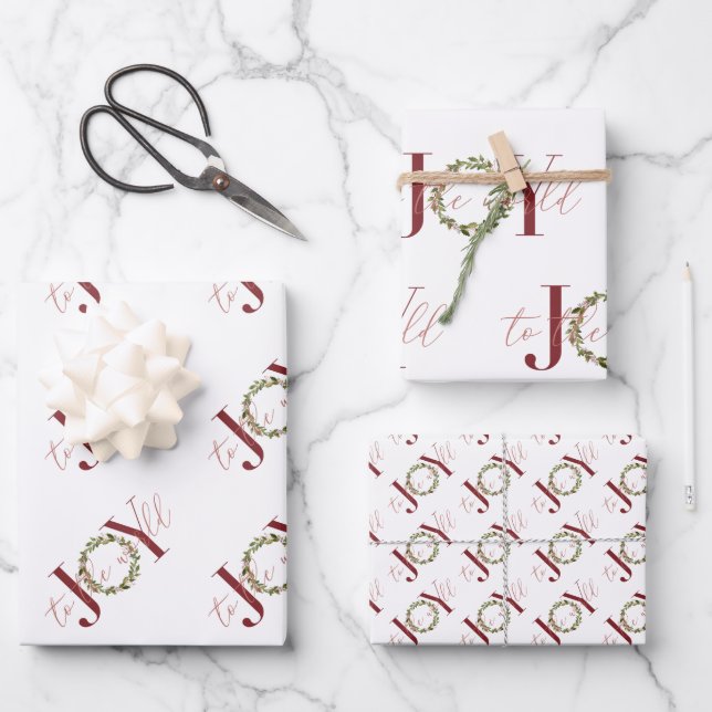 Elegant Christmas Joy to the World Wreath Wrapping Paper Sheets (Front)