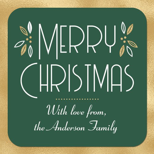 Elegant Christmas Leaves Custom Forest Green Square Sticker