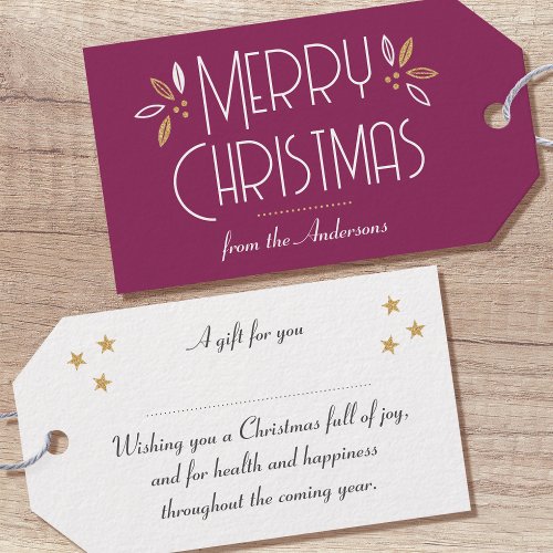 Elegant Christmas Leaves Custom Plum Gold Gift Tags