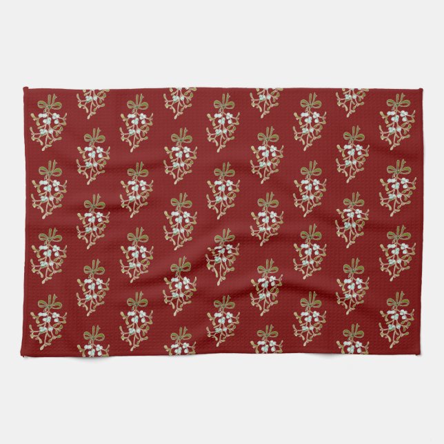Elegant Christmas Mistletoe Pattern on Red   Kitchen Towel (Horizontal)