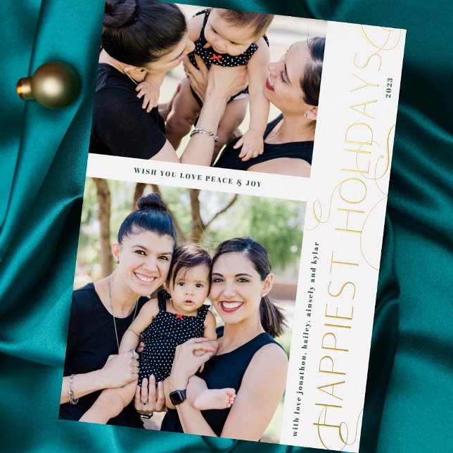 ELEGANT CHRISTMAS Modern  2 photo FRAME HAPPY GOLD Foil Holiday Card (Creator Uploaded)