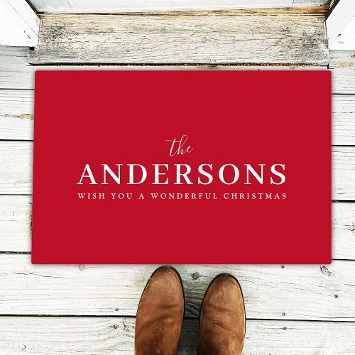 Elegant Christmas  Modern Stylish Bright Red Name Doormat