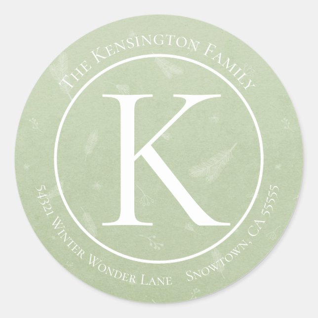 Elegant Christmas Monogram Pine Branches Address Classic Round Sticker (Front)