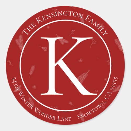 Elegant Christmas Monogram Pine Branches Address Classic Round Sticker