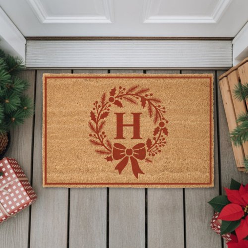 Elegant Christmas Monogram Red Wreath Fiber Doormat