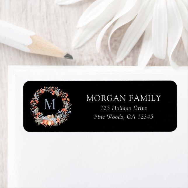 Elegant Christmas Monogram Wreath Return Address Label (Insitu)