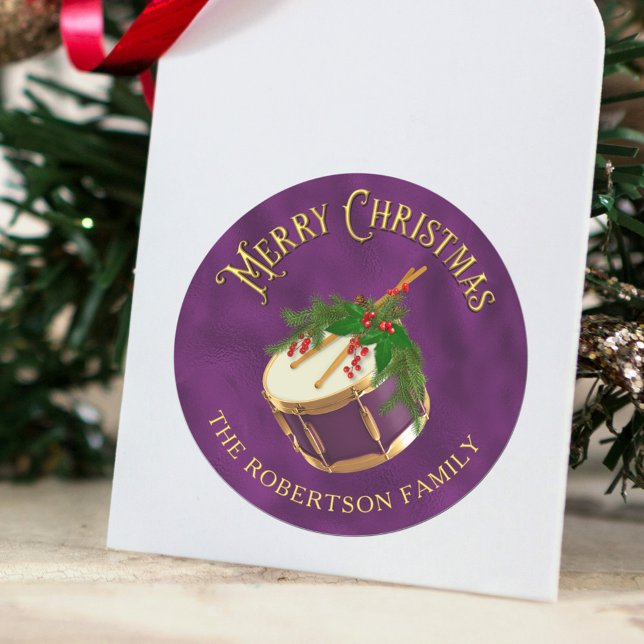 Elegant Christmas Music Drum Personalized Classic Round Sticker (Creator Uploaded)