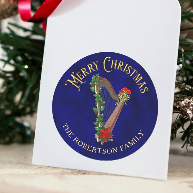 Elegant Christmas Music Harp Personalized Classic Round Sticker (Creator Uploaded)