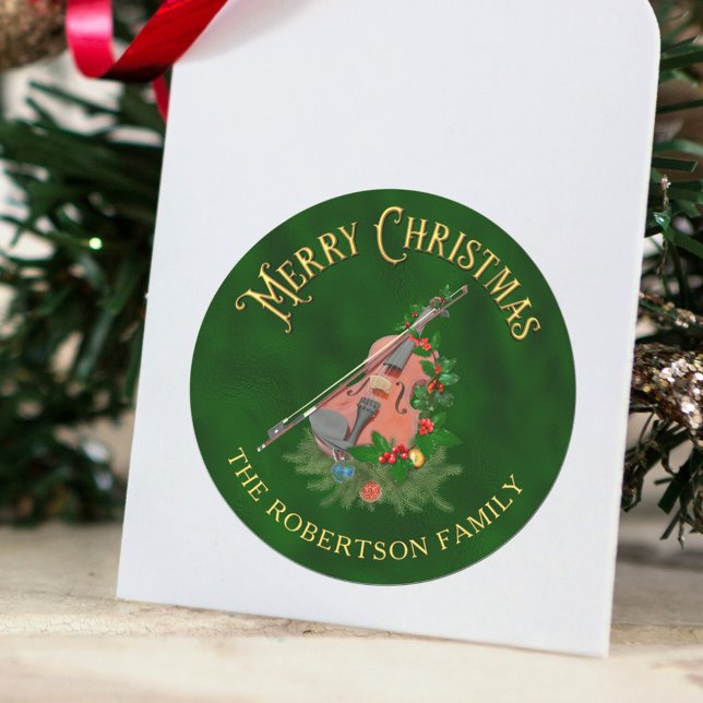 Elegant Christmas Music Violin Personalized Classic Round Sticker (Creator Uploaded)