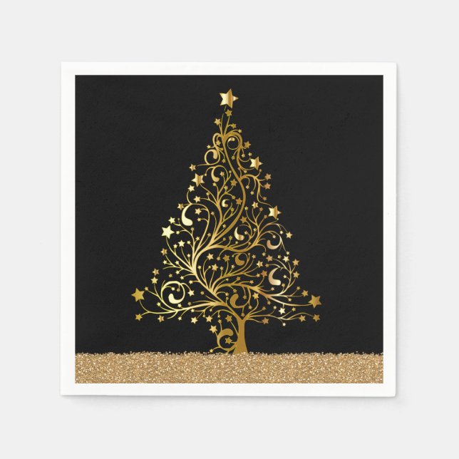 Elegant Christmas New Years Black Gold Glitter Napkins (Front)