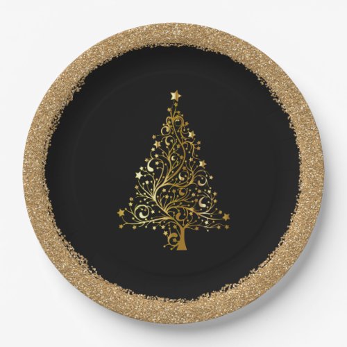 Elegant Christmas New Years Black Gold Glitter  Paper Plates