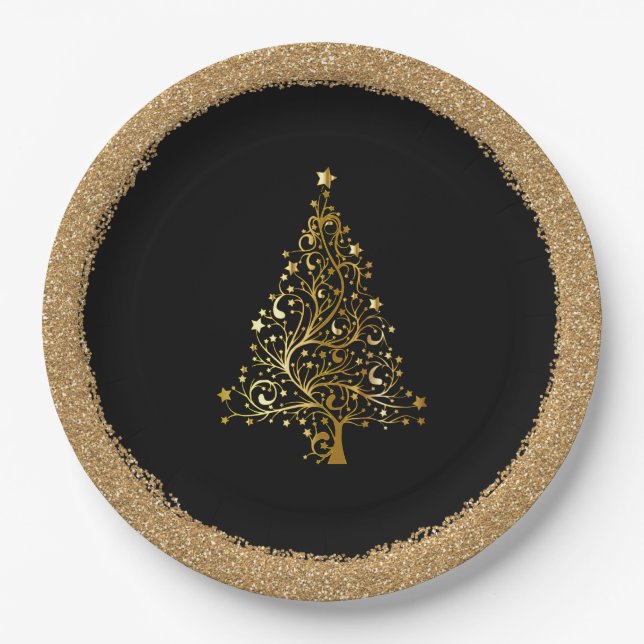 Elegant Christmas New Years Black Gold Glitter  Paper Plates (Front)