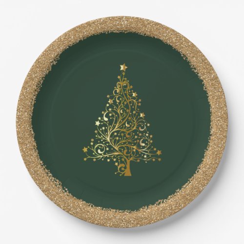 Elegant Christmas New Years Green Gold Glitter Paper Plates