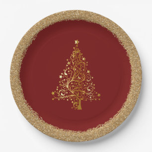 Elegant Christmas New Years Red Gold Glitter Paper Plates