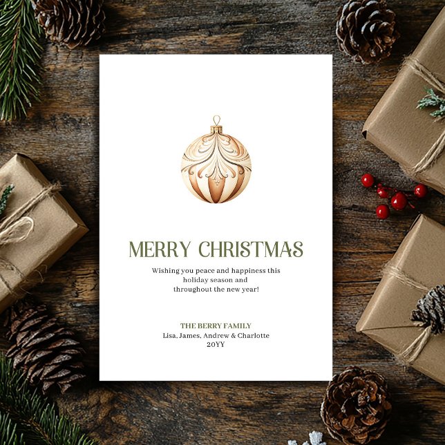 Elegant Christmas ornament Card Neutral Gold Minim (Elegant Christmas Ornament Sage Minimal Holiday Card)