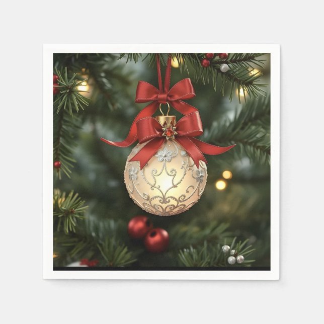 Elegant Christmas Ornament Collection with Red Bow Napkins (Front)