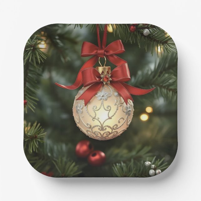 Elegant Christmas Ornament Collection with Red Bow Paper Plates (Front)