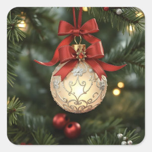 Elegant Christmas Ornament Collection with Red Bow Square Sticker