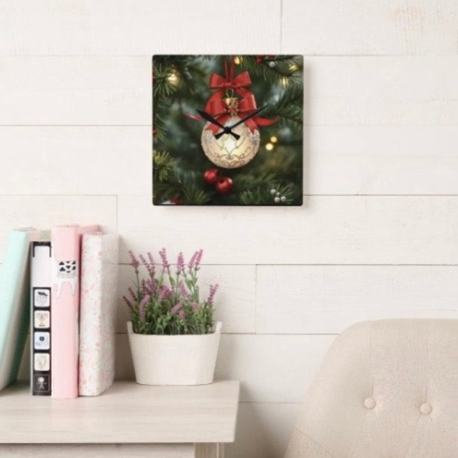 Elegant Christmas Ornament Collection with Red Bow Square Wall Clock (Wall Clock backside hanging slot  non-ticking design. 2 sizes: 8" diameter or 10.75" diameter.)