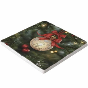 Elegant Christmas Ornament Collection with Red Bow Trivet