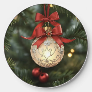 Elegant Christmas Ornament Collection with Red Bow Wireless Charger