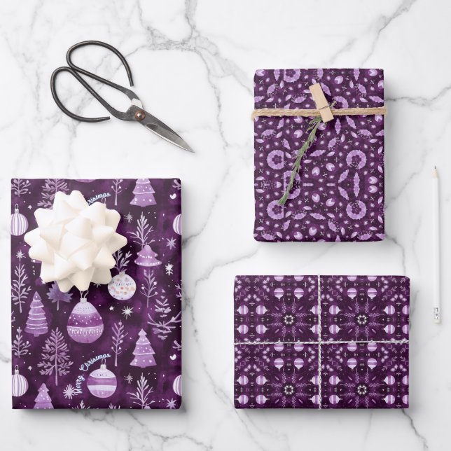 Elegant Christmas Ornament & Mandala Pattern plum Wrapping Paper Sheets (Front)