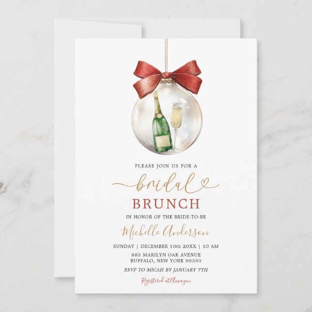 Elegant Christmas Ornament Prosecco Bridal Brunch Invitation (Front)