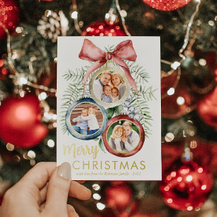 Elegant Christmas Ornaments Family 3 Photos Foil Holiday Card