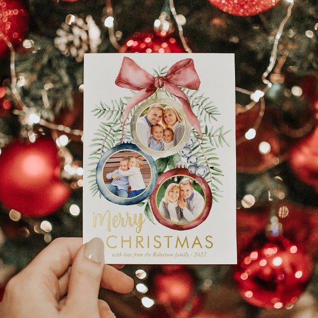 Elegant Christmas Ornaments Family 3 Photos Foil Holiday Card (Creator Uploaded)