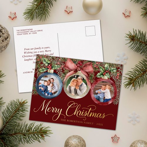 Elegant Christmas Ornaments Family Photo Red Gold Foil Holiday Postcard