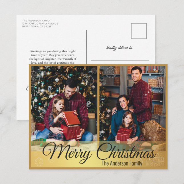 Elegant Christmas Ornaments Gold Frame 2 Photo Holiday Postcard (Front/Back)