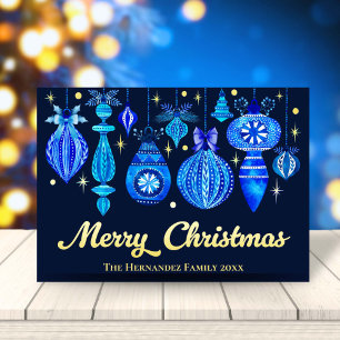 Elegant Christmas Ornaments Navy Blue Watercolor Foil Holiday Card