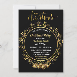 Elegant CHRISTMAS PARTY Black and Gold bells Invitation