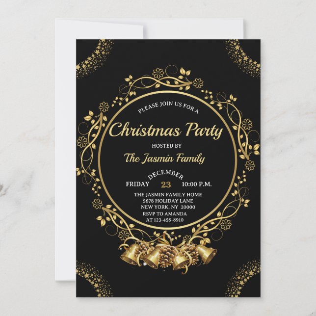 Elegant CHRISTMAS PARTY Black and Gold bells Invitation (Front)
