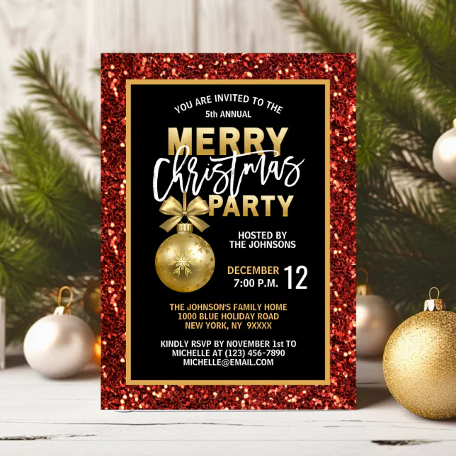 Elegant Christmas PARTY Black Gold Red Glitter Invitation | Zazzle