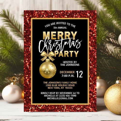 Elegant Christmas PARTY Black Gold Red Glitter Invitation