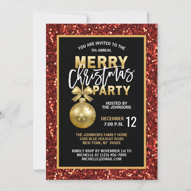 Elegant Christmas PARTY Black Gold Red Glitter Invitation | Zazzle