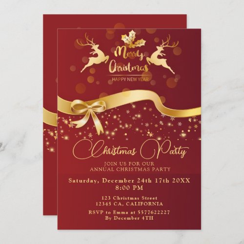 Elegant Christmas PARTY Black Gold Red Glitter  Invitation