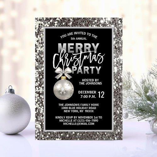 Elegant Christmas PARTY Black Silver Glitter Invitation