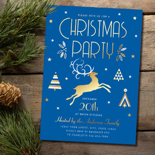 Elegant Christmas Party Blue Gold Foil Invitation