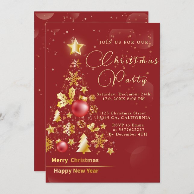 Elegant Christmas PARTY Gold Glitter Red Invitation (Front/Back)
