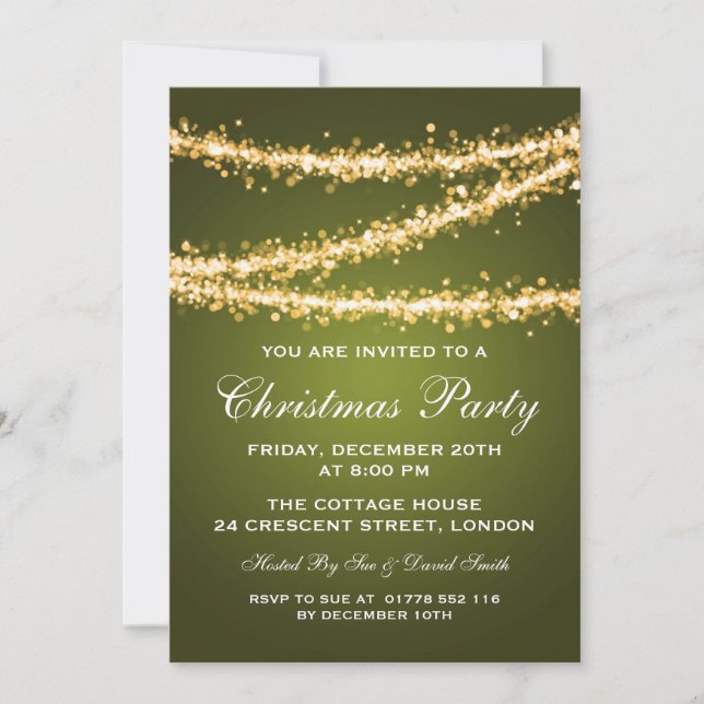 Elegant Christmas Party Gold String Lights Green Invitation (Front)