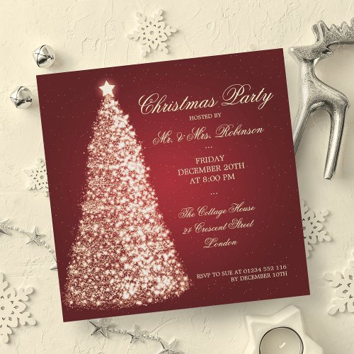 Elegant Christmas Party Gold Tree Red Invitation